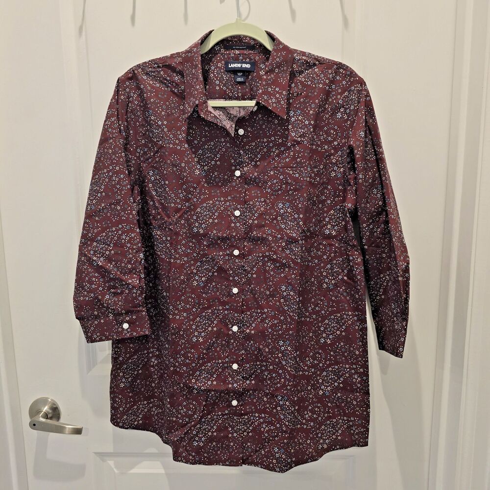 NEW Lands End Womens Shirt No Iron Supima Button Burgundy Floral 3/4 Sleeve 16P